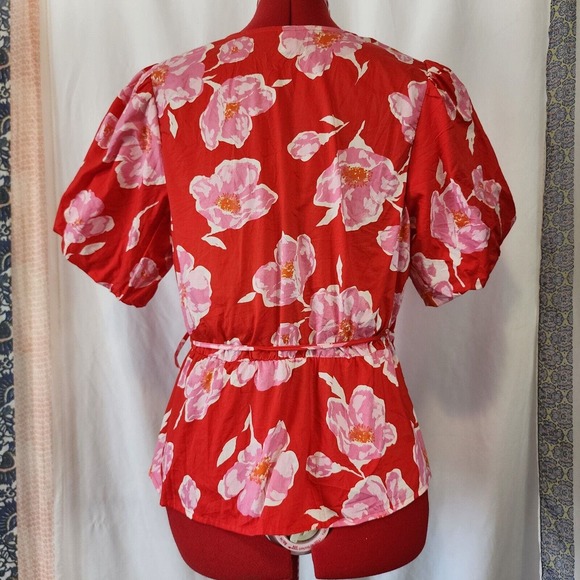OLD NAVY Red Floral Wrap Blouse Puffy Sleeves Size L - Picture 4 of 6